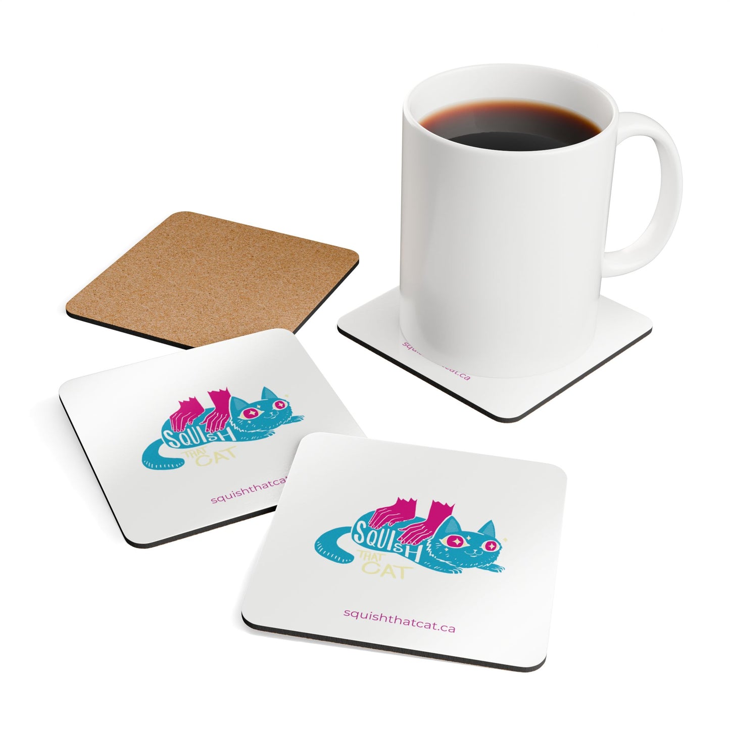 Squish That Cat Corkwood Coaster Set, 4-Pieces / 3.75 x 3.75-in