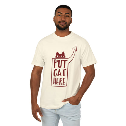 Unisex 100% Cotton Heavyweight Tee, Faded Cream w. Shoulder Cat Logo, 5 Sizes