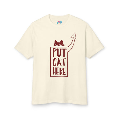 Unisex 100% Cotton Heavyweight Tee, Faded Cream w. Shoulder Cat Logo, 5 Sizes