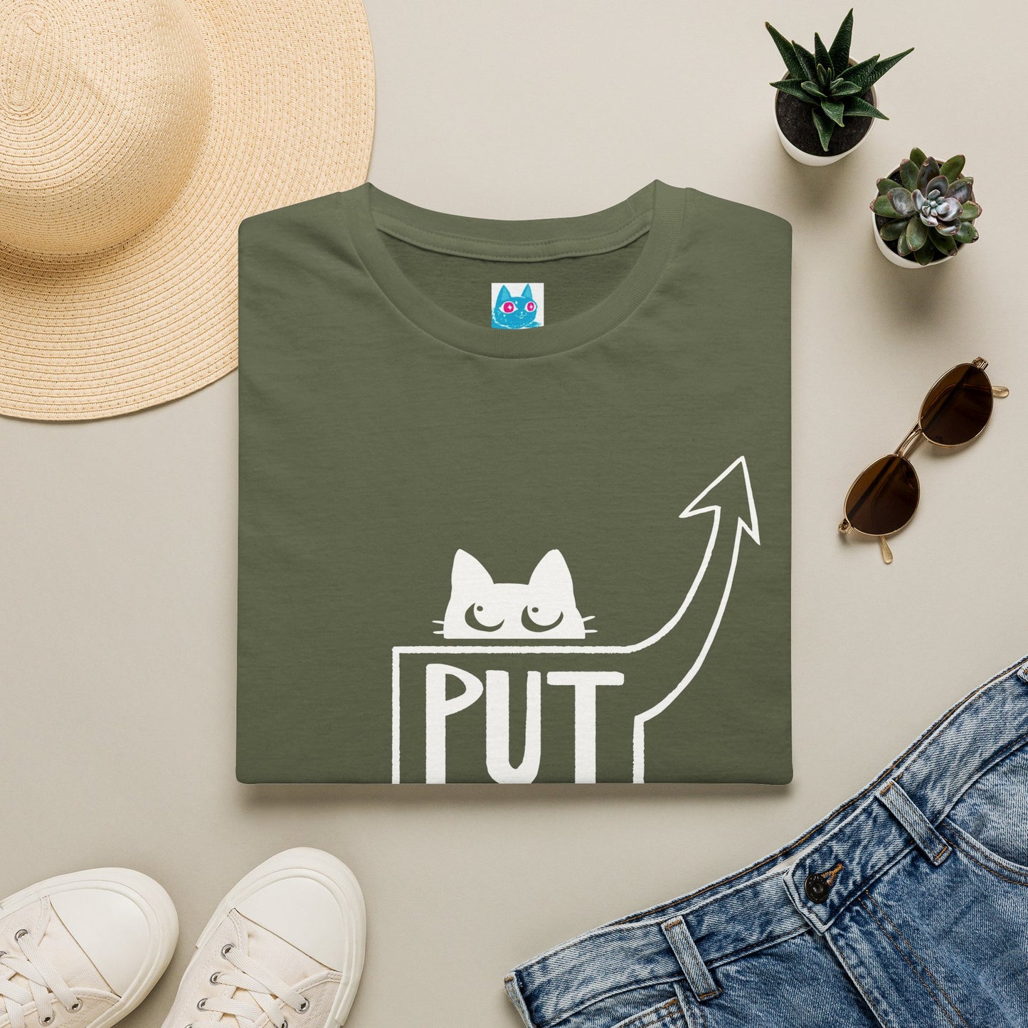 Calling All Shoulder Cats Unisex Army Green Cotton Tee, 4 Sizes