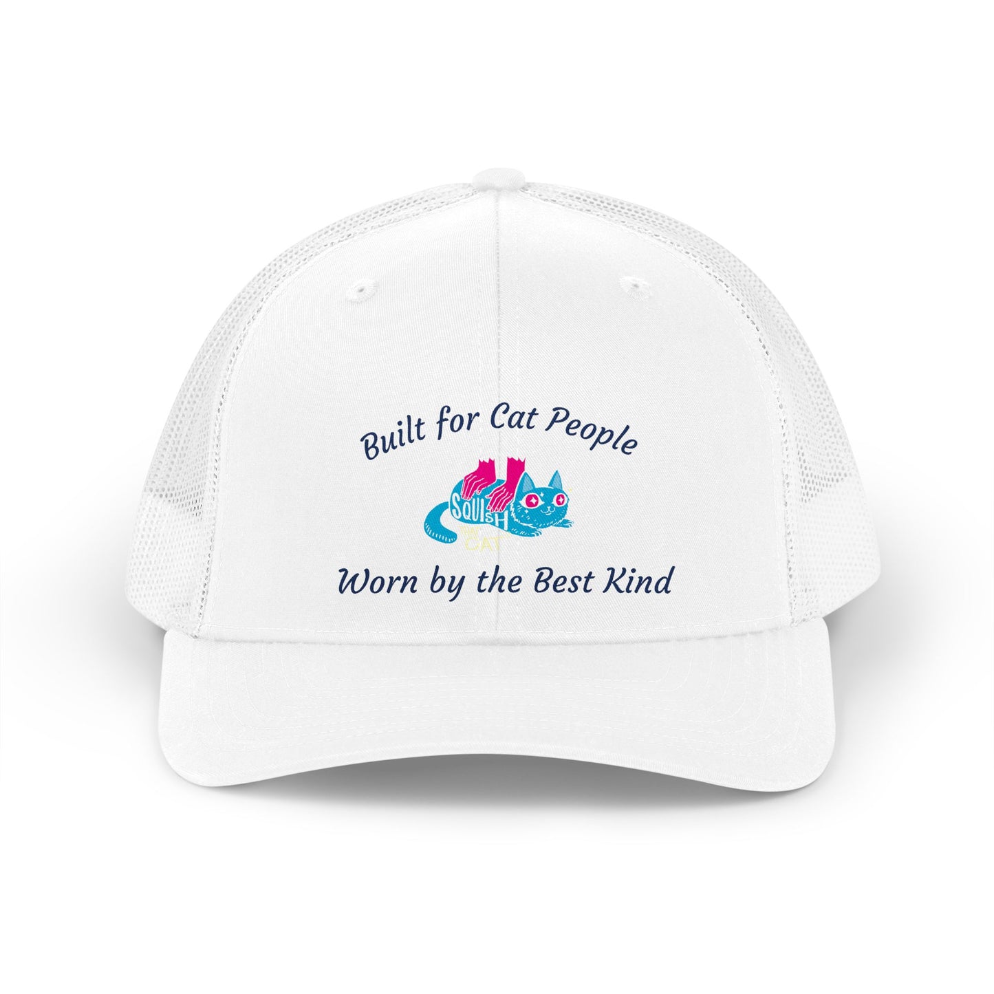 Squish That Cat Retro Trucker Hat, White with Blue Embroidery