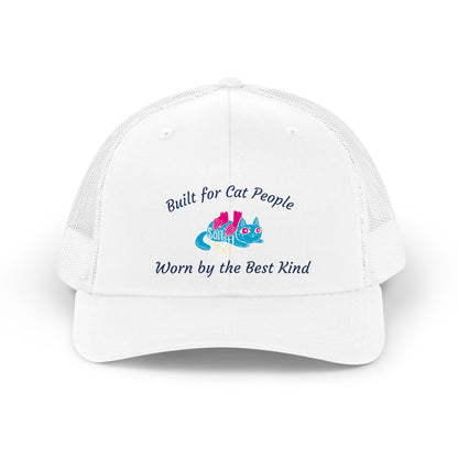 Squish That Cat Retro Trucker Hat, White with Blue Embroidery