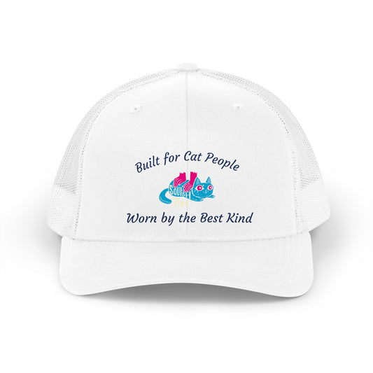 Squish That Cat Retro Trucker Hat, White with Blue Embroidery