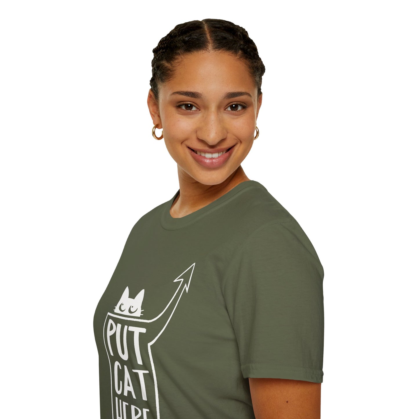 Calling All Shoulder Cats Unisex Army Green Cotton Tee, 4 Sizes
