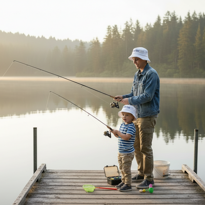 Dad and kid wearing Squish That Cat bucket hats fishing by the dock