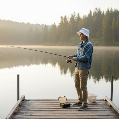 Dad wearing Squish That Cat bucket hat fishing by the dock