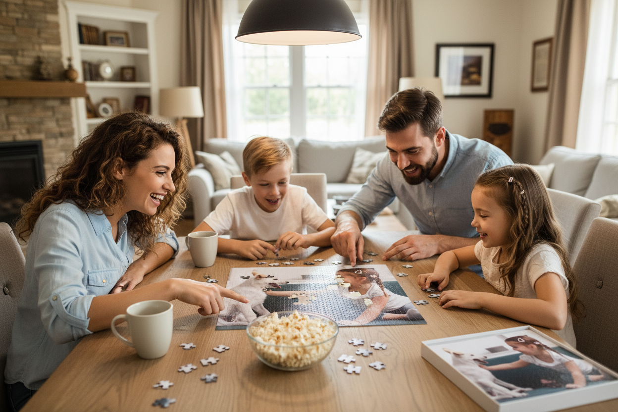 Family working on the kid & puppy puzzle around the dining table