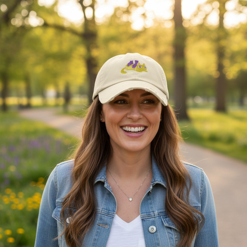 Happy mom wearing SquishThatCat cap