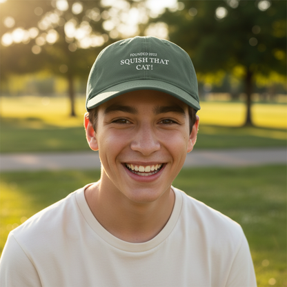 Happy teen wearing the Squish That Cat Coastal Washed Cap in Moss green outdoors