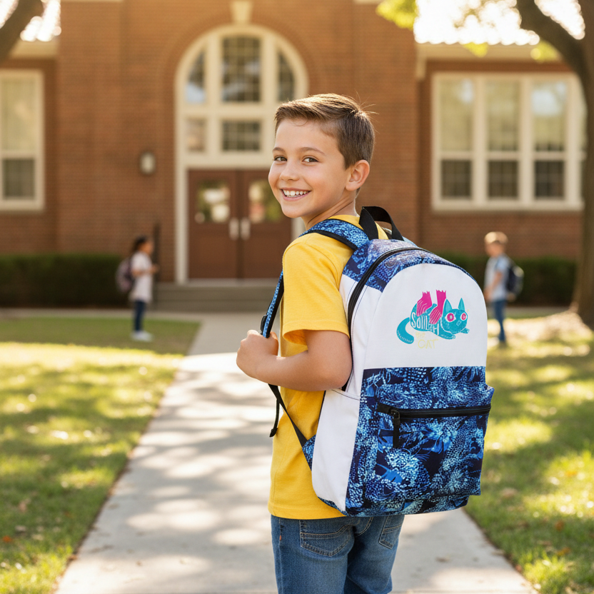 Kid wearing Squish That Cat Backpack