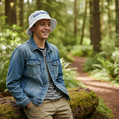 Teen boy wearing Squish That Cat bucket hat